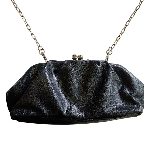 Vintage Nine West Black Leather Faux Diamond Kiss Lock Clutch Bag w/ Strap - Picture 2 of 12